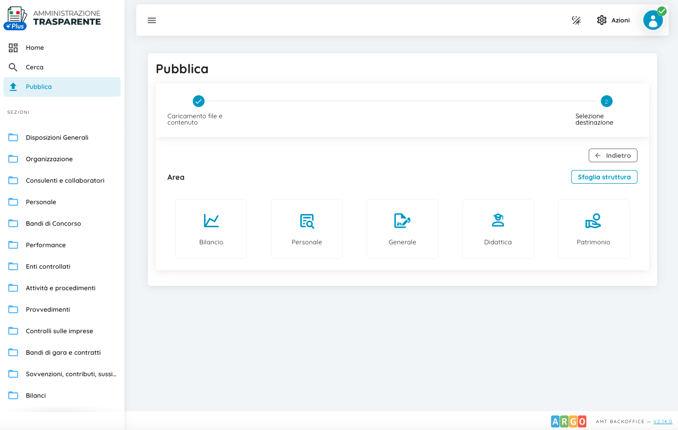 Schermata di AMT PLUS: pubblicazione di un documento con selezione dell'area di destinazione