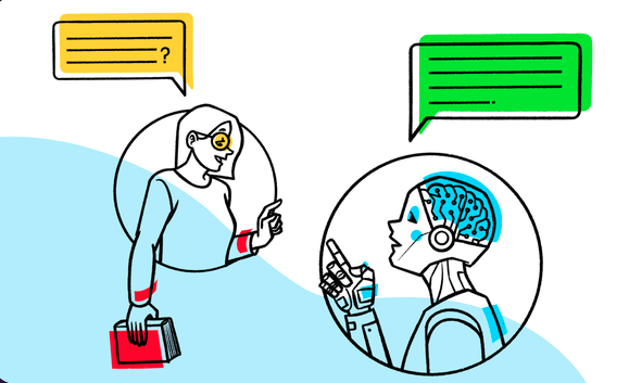 Illustrazione del corso: un'operatrice scolastica dialoga con un'intelligenza artificiale